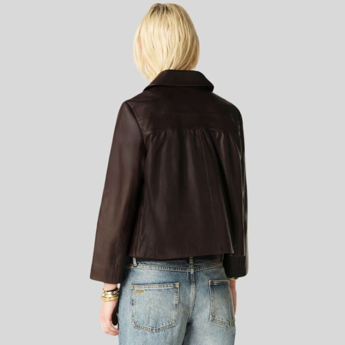 Cropped brown leather jacket - back view