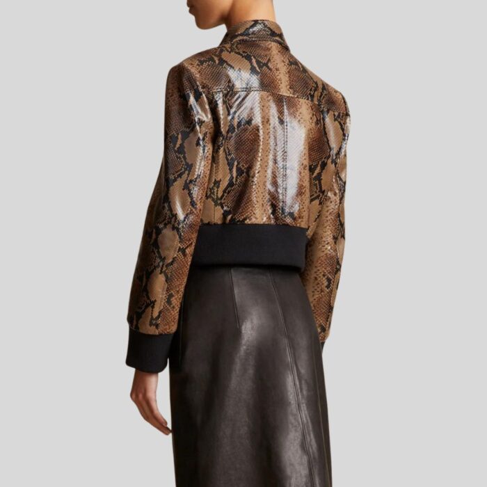 Back view of cropped brown leather jacket for women