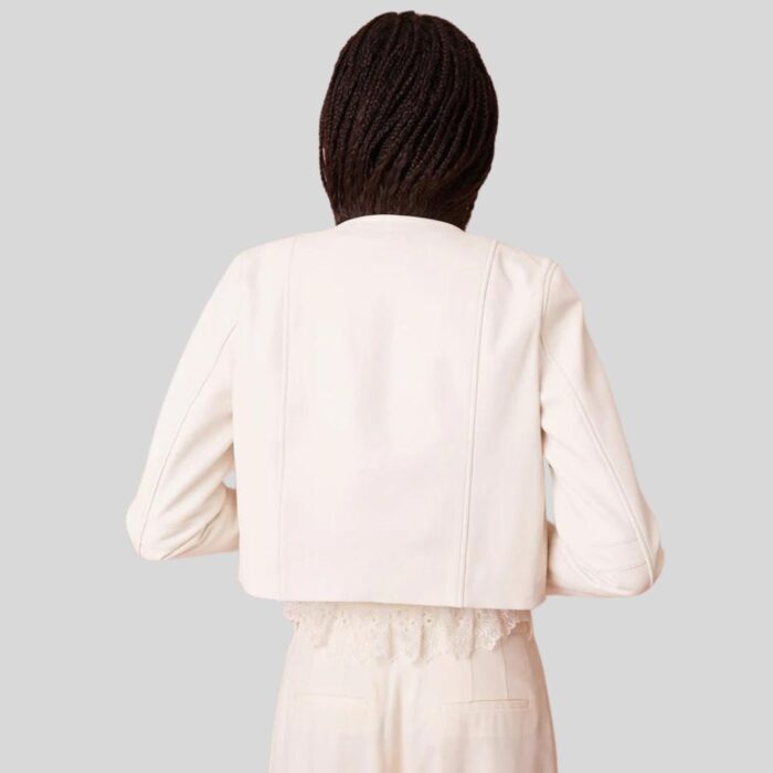 "Back view of cropped white leather jacket"