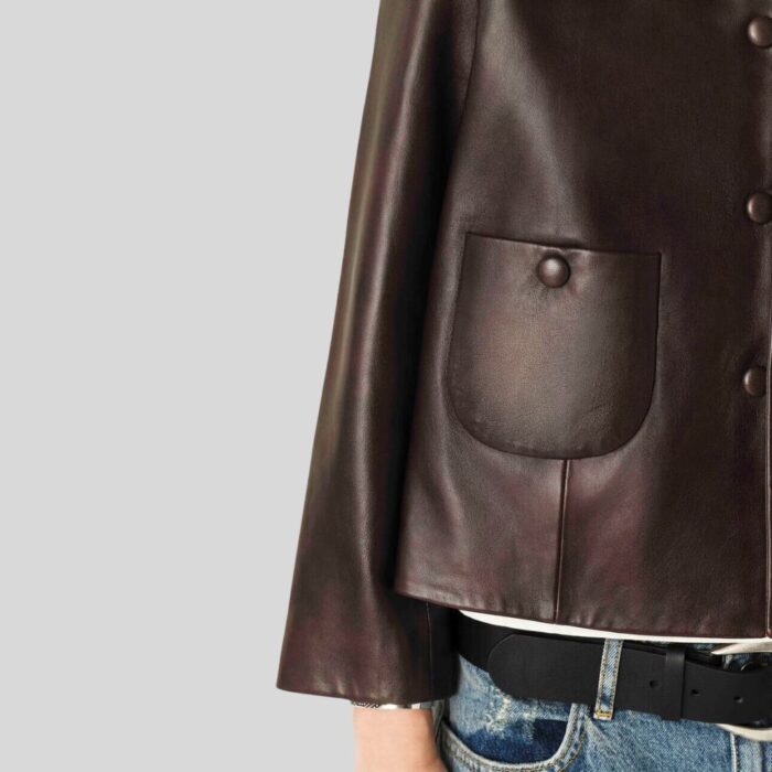 Cropped brown leather jacket - close-up