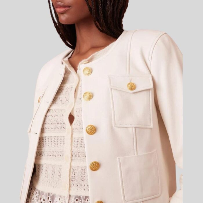 "Close-up of cropped white leather jacket"