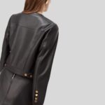 Cropped black leather jacket for women - Back view