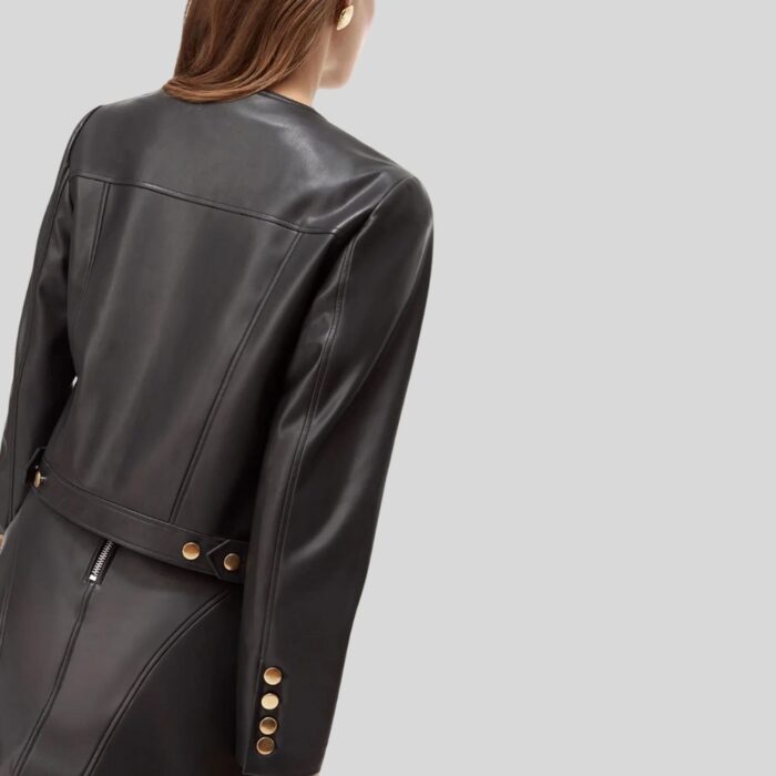 Cropped black leather jacket for women - Back view