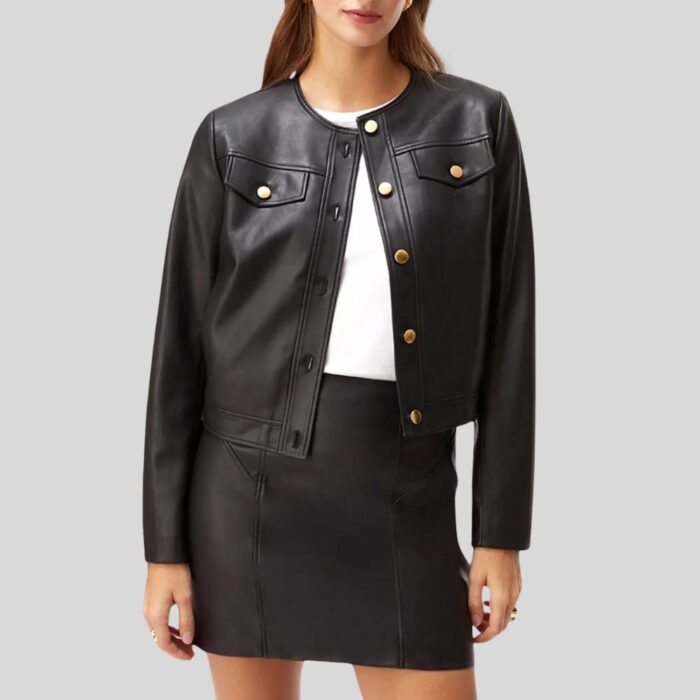 Cropped black leather jacket for women - Front view