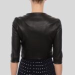 "Cropped black leather jacket womens - Back view"