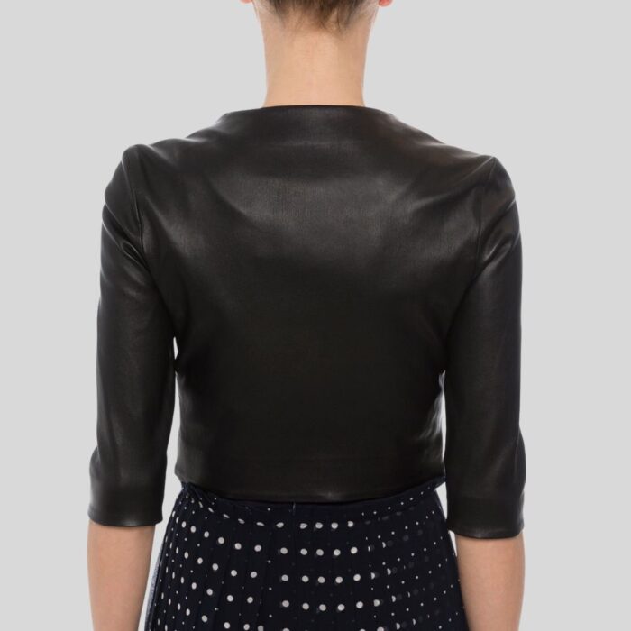 "Cropped black leather jacket womens - Back view"