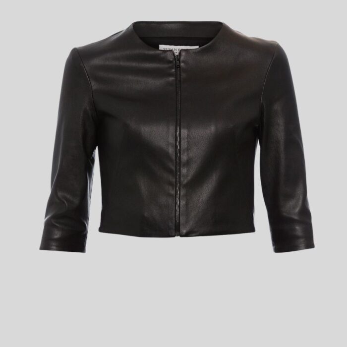 "Cropped black leather jacket womens - Close-up view"