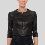 "Cropped black leather jacket womens - Front view"