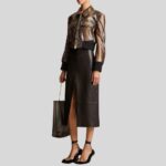 Full view of cropped brown leather jacket for women