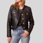 "Front view of cropped black leather jacket"