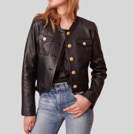 "Front view of cropped black leather jacket"