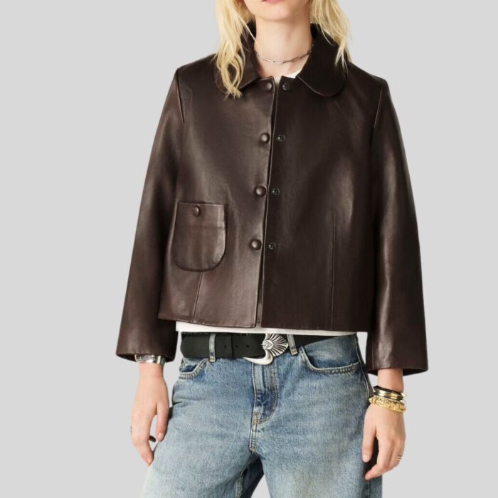 Cropped brown leather jacket - front view