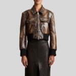 Front view of cropped brown leather jacket for women