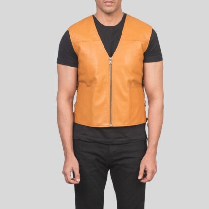 "Front view of men's tan leather vest"