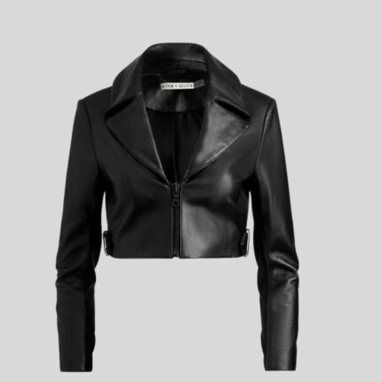 Front view of super cropped leather jacket