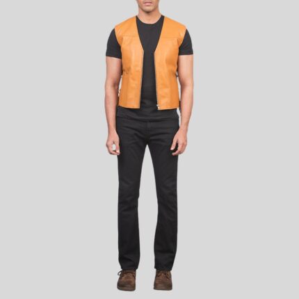 "Full view of men's tan leather vest"