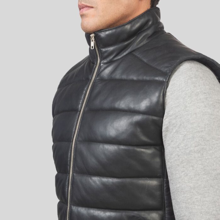 "Men's leather puffer vest - Close-up"