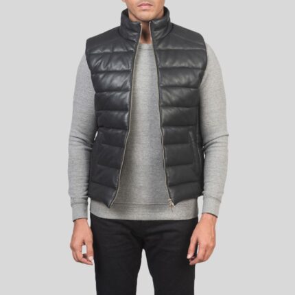 "Men's leather puffer vest - Front view"