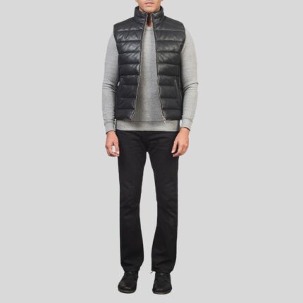 "Men's leather puffer vest - Full view"