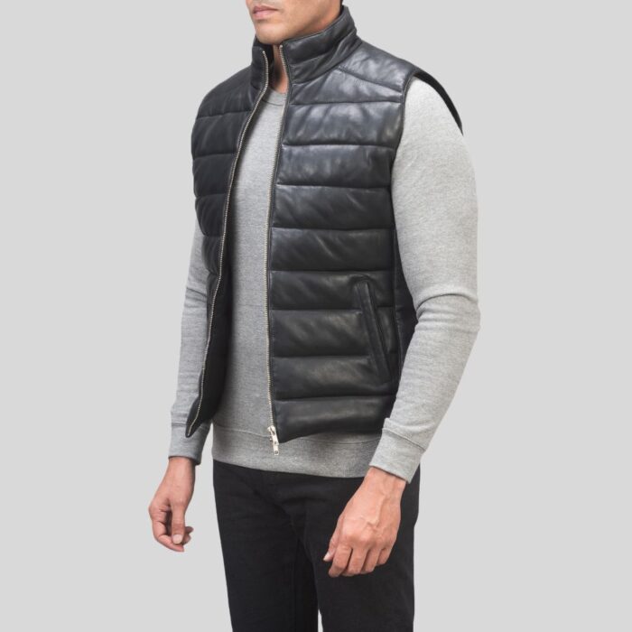 "Men's leather puffer vest - Side view"