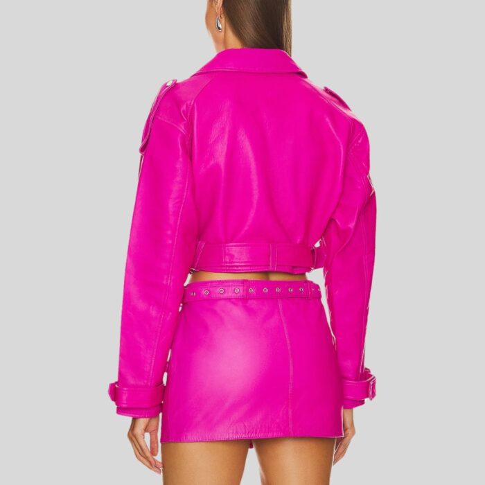 "Pink cropped leather jacket - Back view"