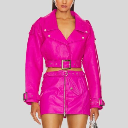 "Pink cropped leather jacket - Front view"