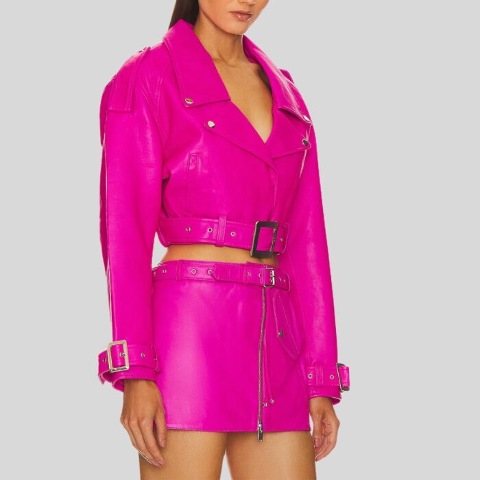 "Pink cropped leather jacket - Side view"