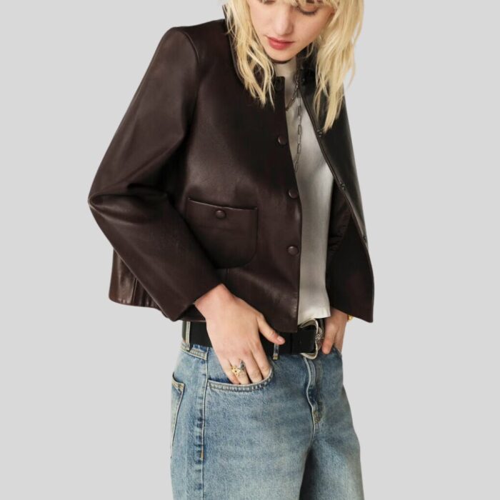 Cropped brown leather jacket - side view