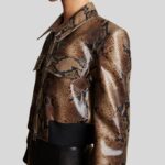 Side view of cropped brown leather jacket for women