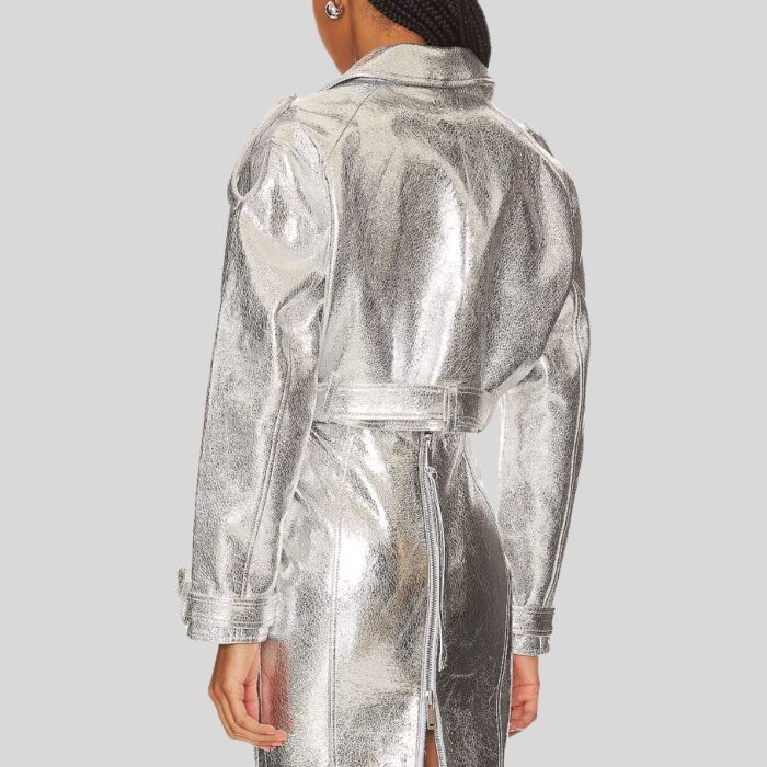 "Silver leather jacket womens back view"