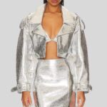 "Silver leather jacket womens close-up"