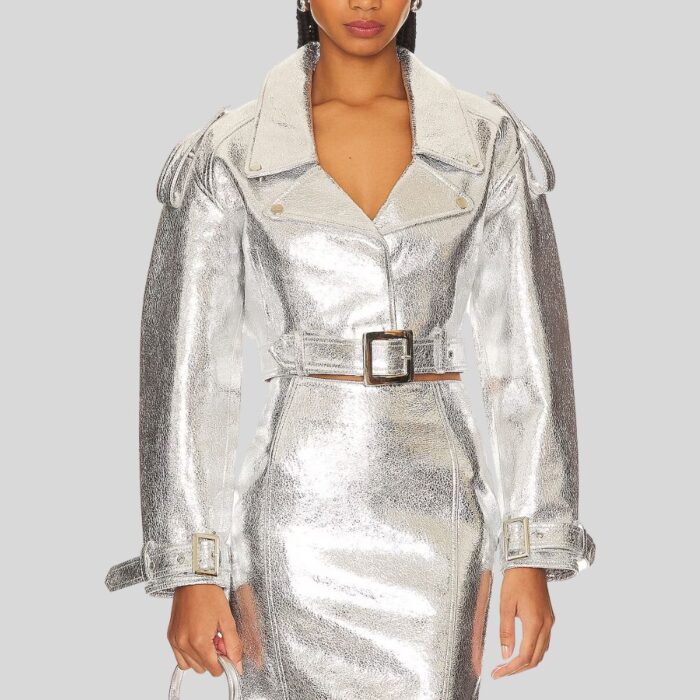 "Silver leather jacket womens front view"