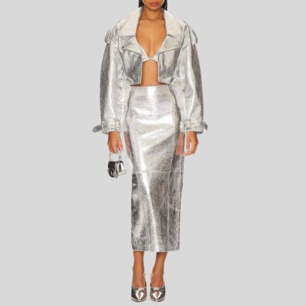 "Silver leather jacket womens full view"