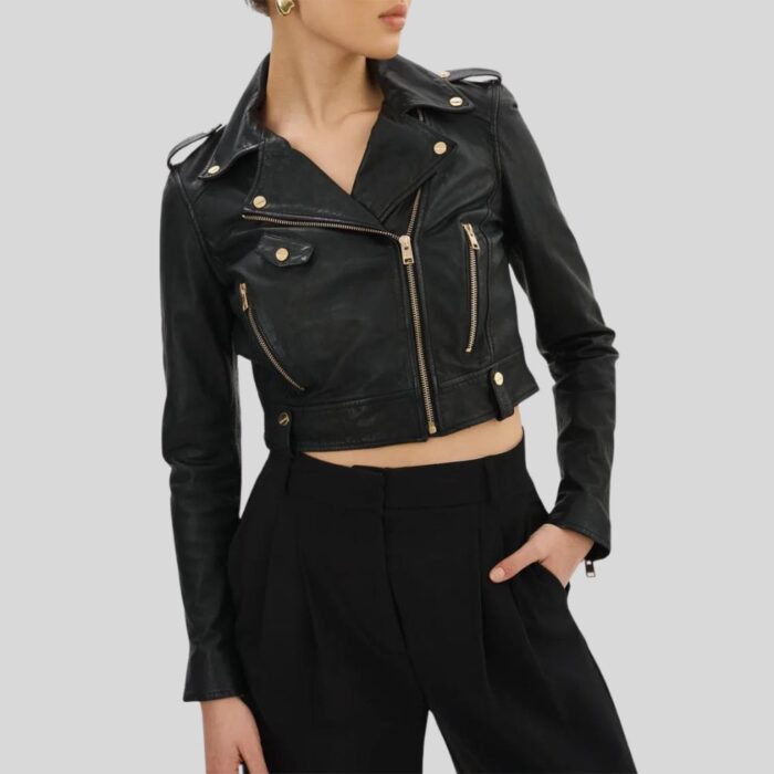 "Women's cropped leather biker jacket - Front view"