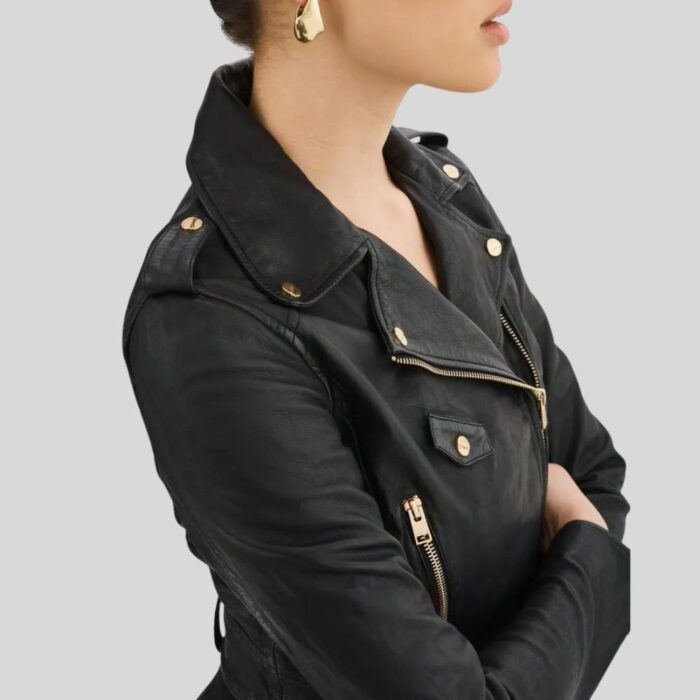 "Women's cropped leather biker jacket - Side view"