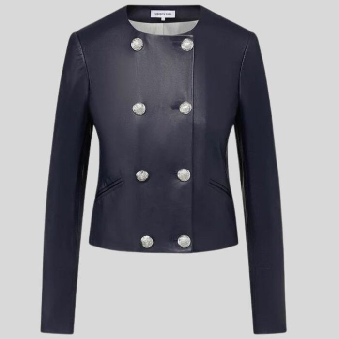 Close-up of women's navy blue leather jacket