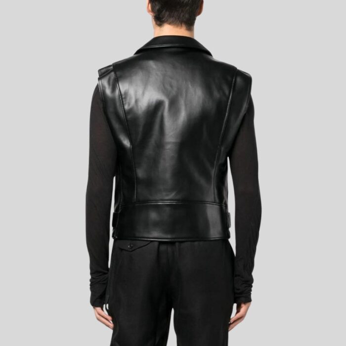 "Back view of black leather vest for men"