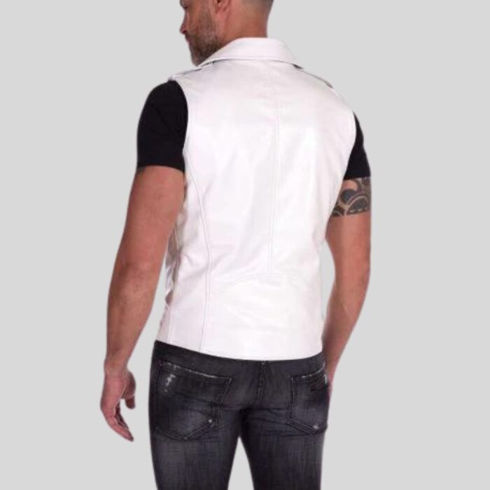 "Back view of mens white leather vest"