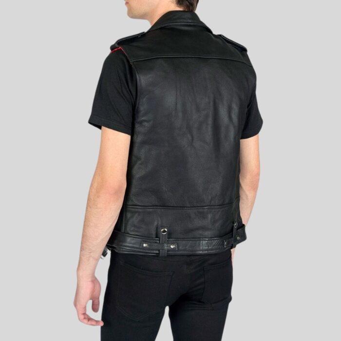 Black leather biker vest for men - Back view