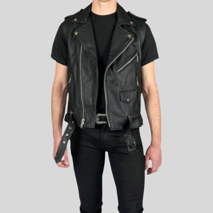 Black leather biker vest for men - Front view