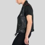 Black leather biker vest for men - Side view