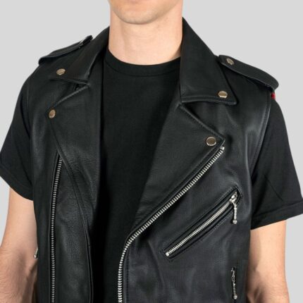 Close-up of black leather biker vest for men