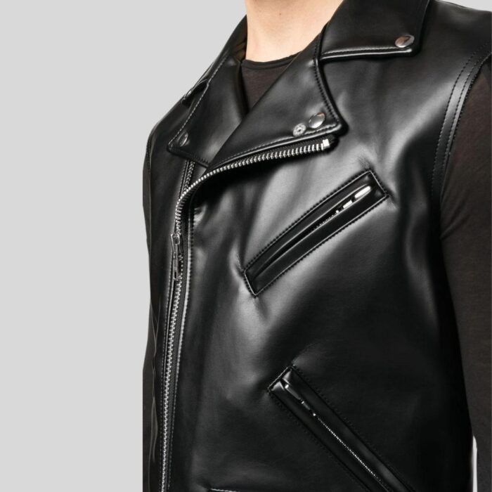 "Close-up of black leather vest for men"