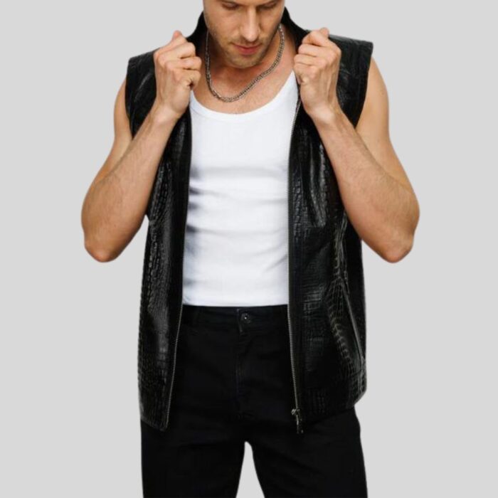 "Close-up of leather vest for men"