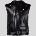 "Front view of black leather vest for men"