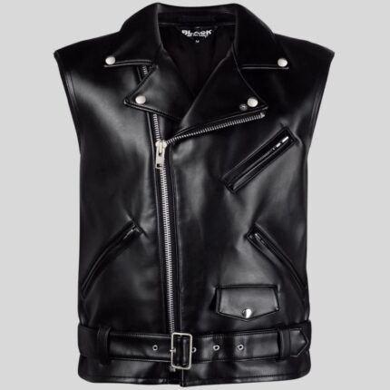 "Front view of black leather vest for men"