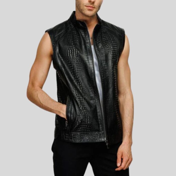 "Front view of leather vest for men"