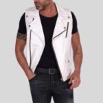 "Front view of white leather vest mens"