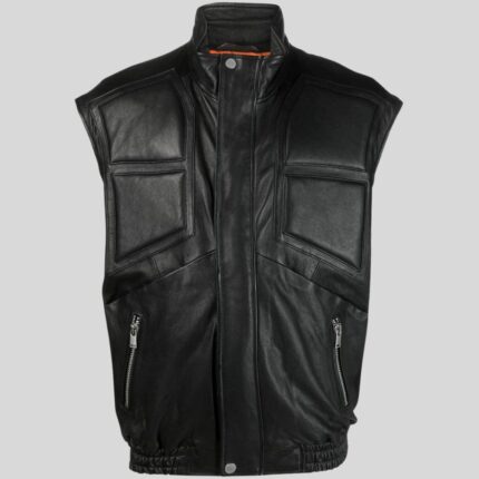 "Men's Black Leather Vest - Front View"