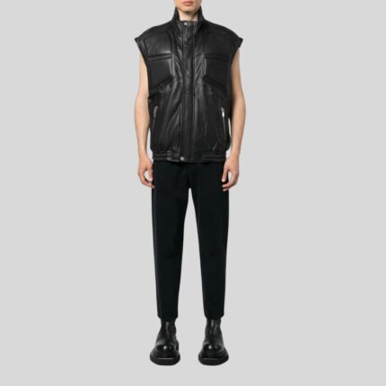 "Men's Black Leather Vest - Full View"